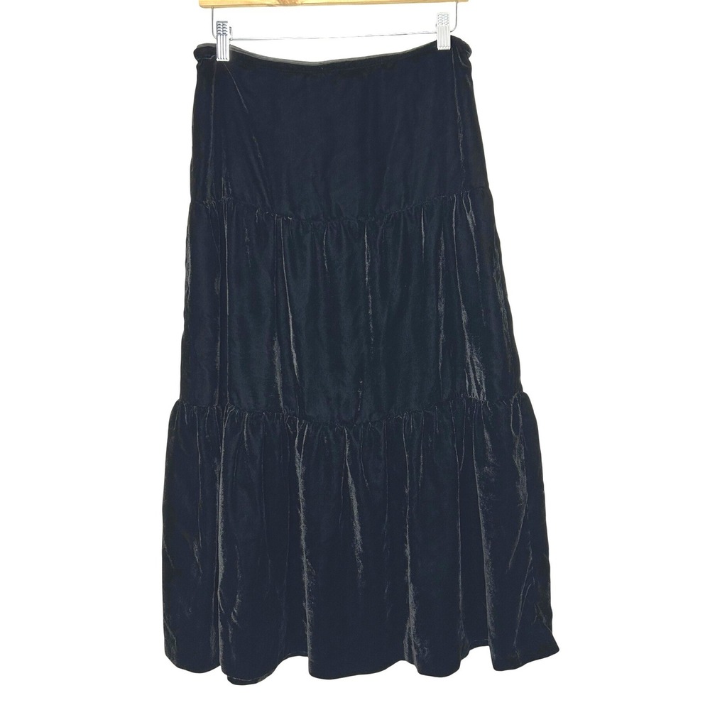 y2k Bandolino Velour tiered Skirt Womens 8 Black Velvet Midi Whimsigoth Romantic